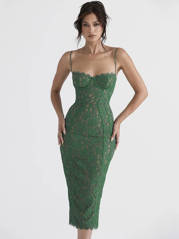 Floral Lace Corset Bodice Spaghetti Strap Bodycon Midi Dress