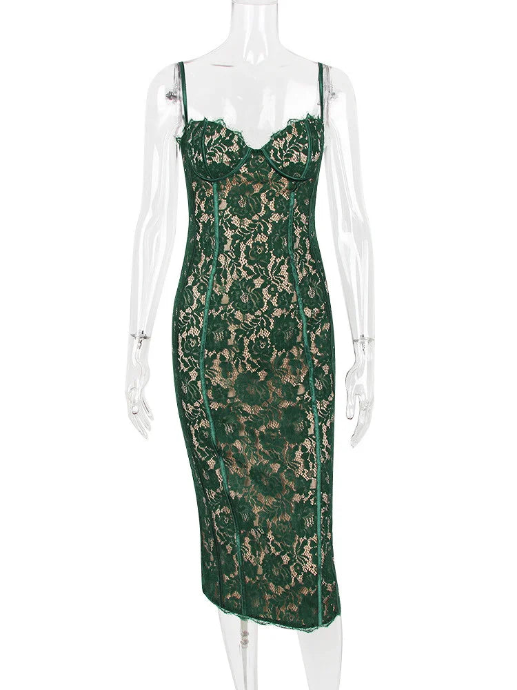 Floral Lace Corset Bodice Spaghetti Strap Bodycon Midi Dress