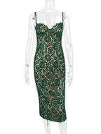 Floral Lace Corset Bodice Spaghetti Strap Bodycon Midi Dress