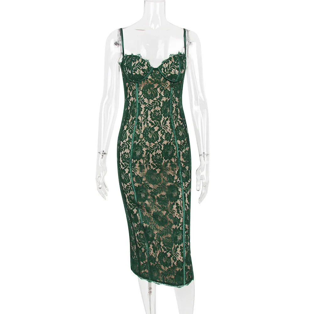 Floral Lace Corset Bodice Spaghetti Strap Bodycon Midi Dress