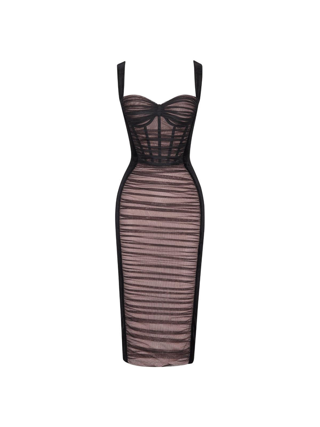 Muriel Mesh Ruched Velvet Midi Dress In Black