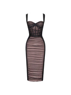 Muriel Mesh Ruched Velvet Midi Dress In Black