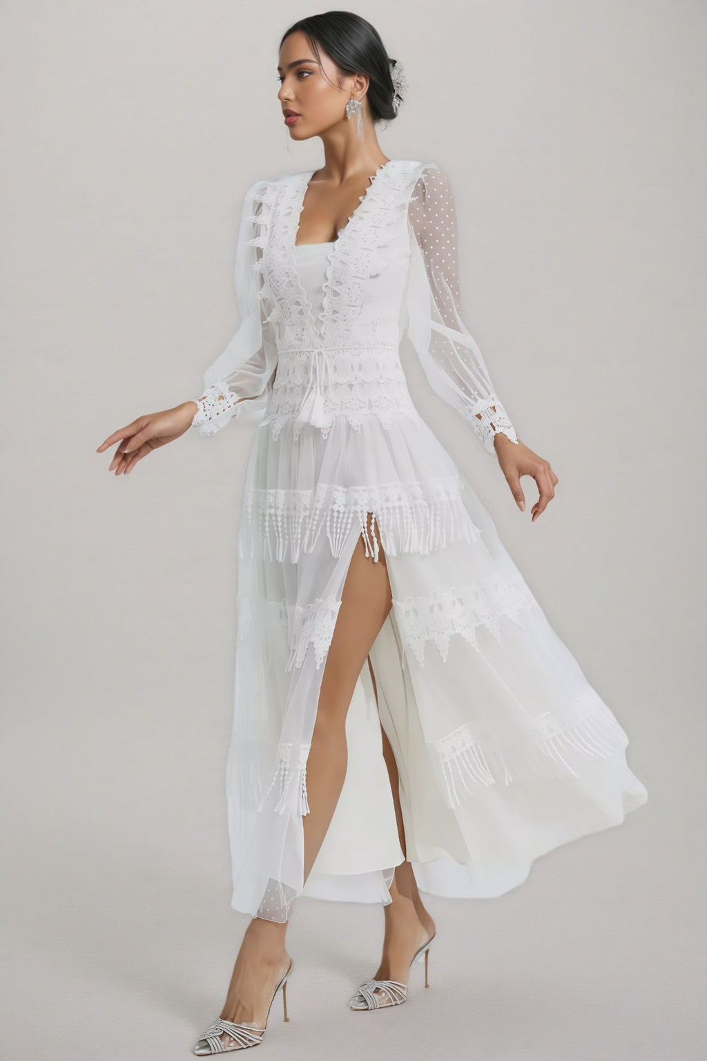Torind White Lace Mesh Maxi Dress