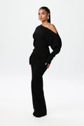 Off Shoulder Ribbed Knit Balloon Sleeve Bodycon Maxi Dress