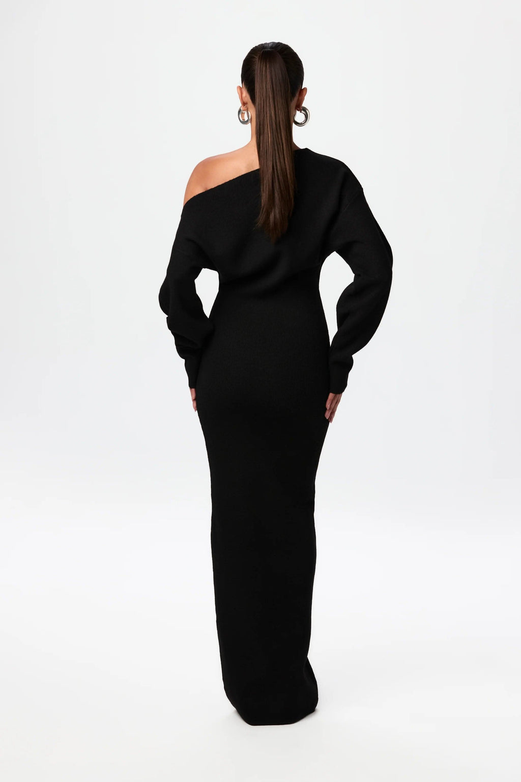 Off Shoulder Ribbed Knit Balloon Sleeve Bodycon Maxi Dress