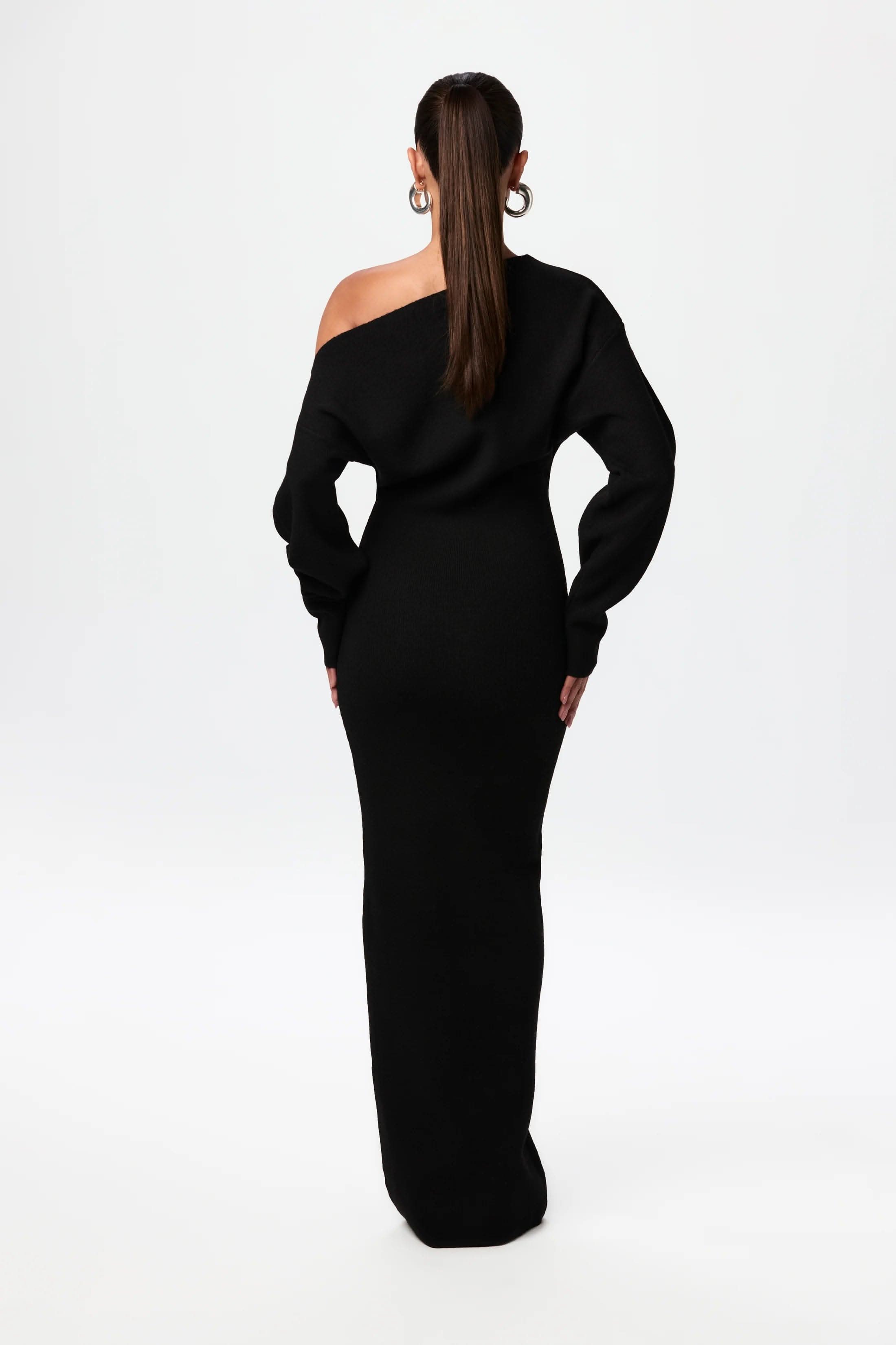 Off Shoulder Ribbed Knit Balloon Sleeve Bodycon Maxi Dress