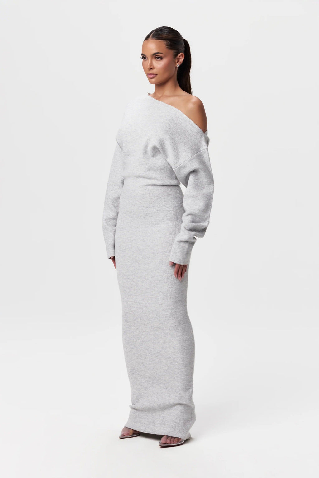 Off Shoulder Ribbed Knit Balloon Sleeve Bodycon Maxi Dress