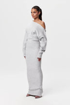 Off Shoulder Ribbed Knit Balloon Sleeve Bodycon Maxi Dress