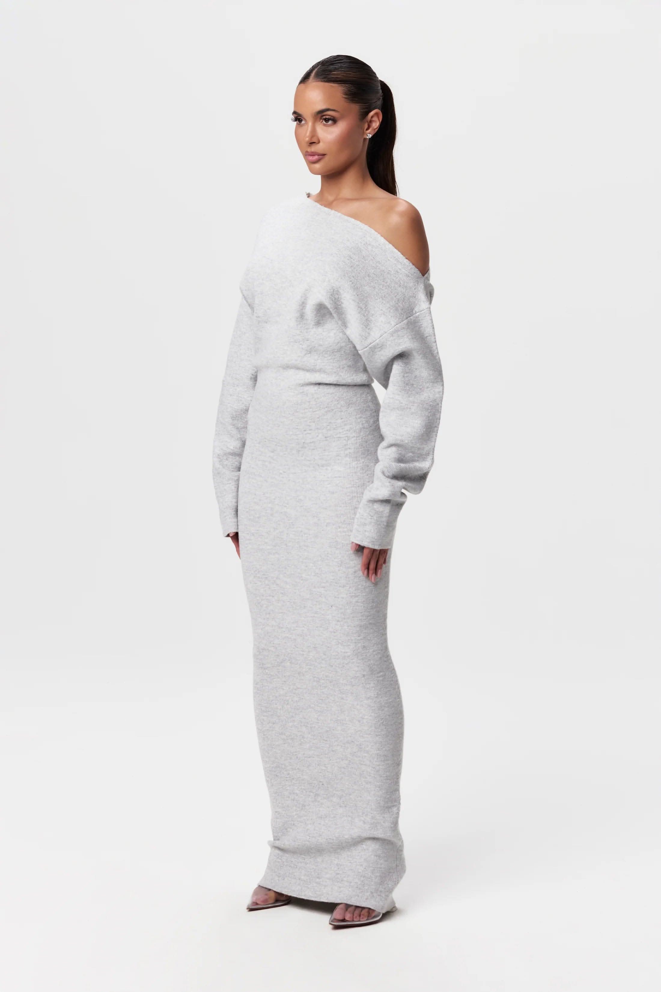 Off Shoulder Ribbed Knit Balloon Sleeve Bodycon Maxi Dress