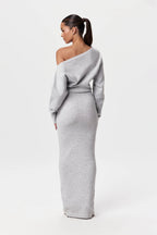 Off Shoulder Ribbed Knit Balloon Sleeve Bodycon Maxi Dress