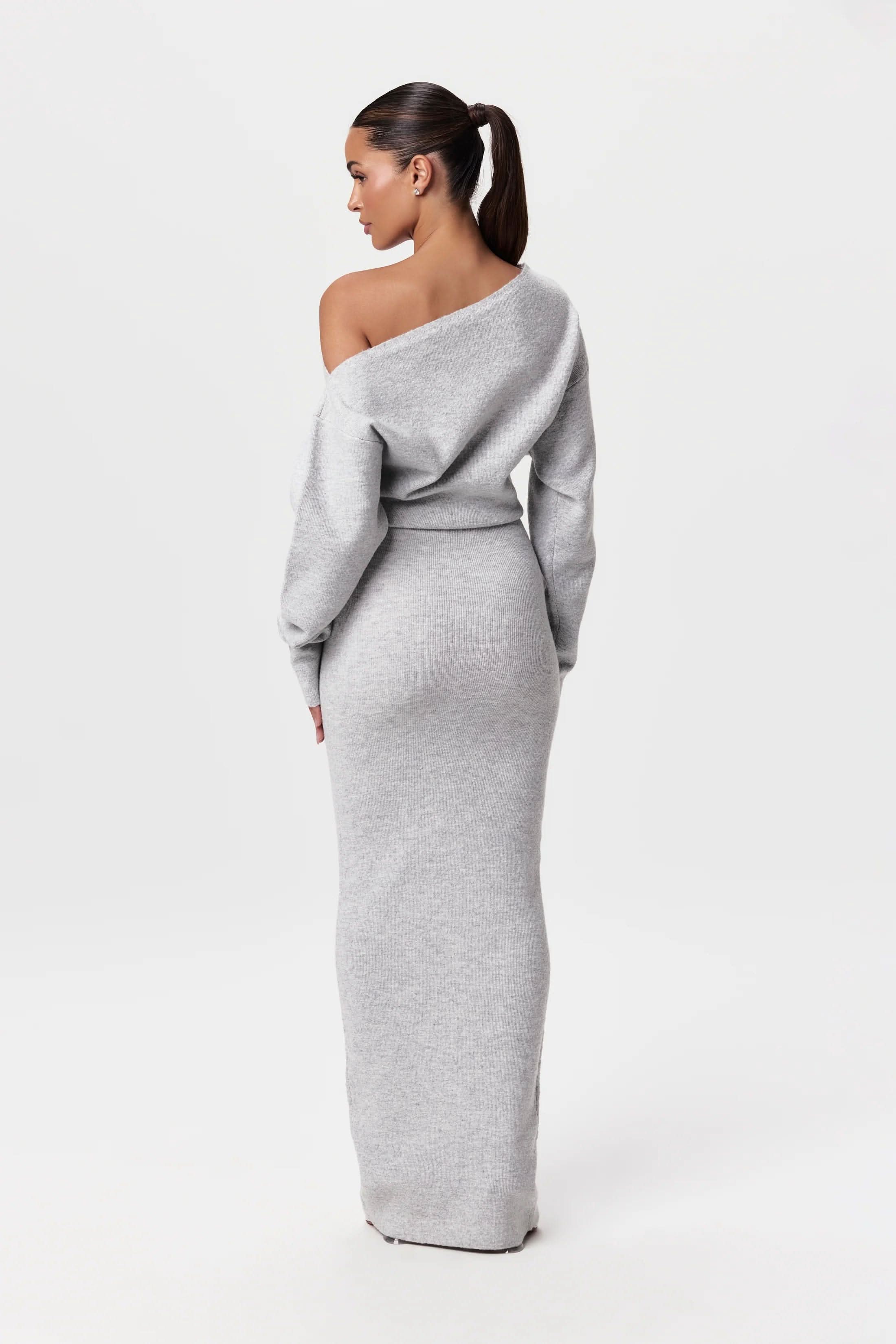 Off Shoulder Ribbed Knit Balloon Sleeve Bodycon Maxi Dress