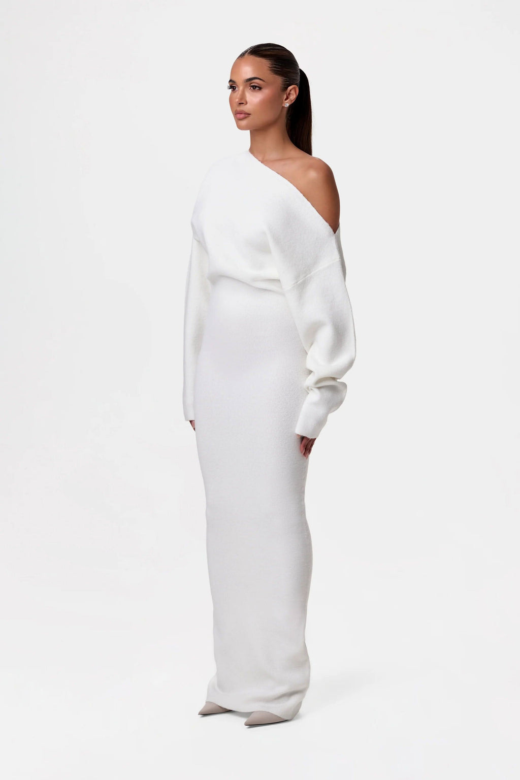 Off Shoulder Ribbed Knit Balloon Sleeve Bodycon Maxi Dress