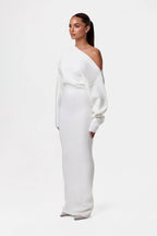 Off Shoulder Ribbed Knit Balloon Sleeve Bodycon Maxi Dress