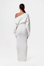 Off Shoulder Ribbed Knit Balloon Sleeve Bodycon Maxi Dress