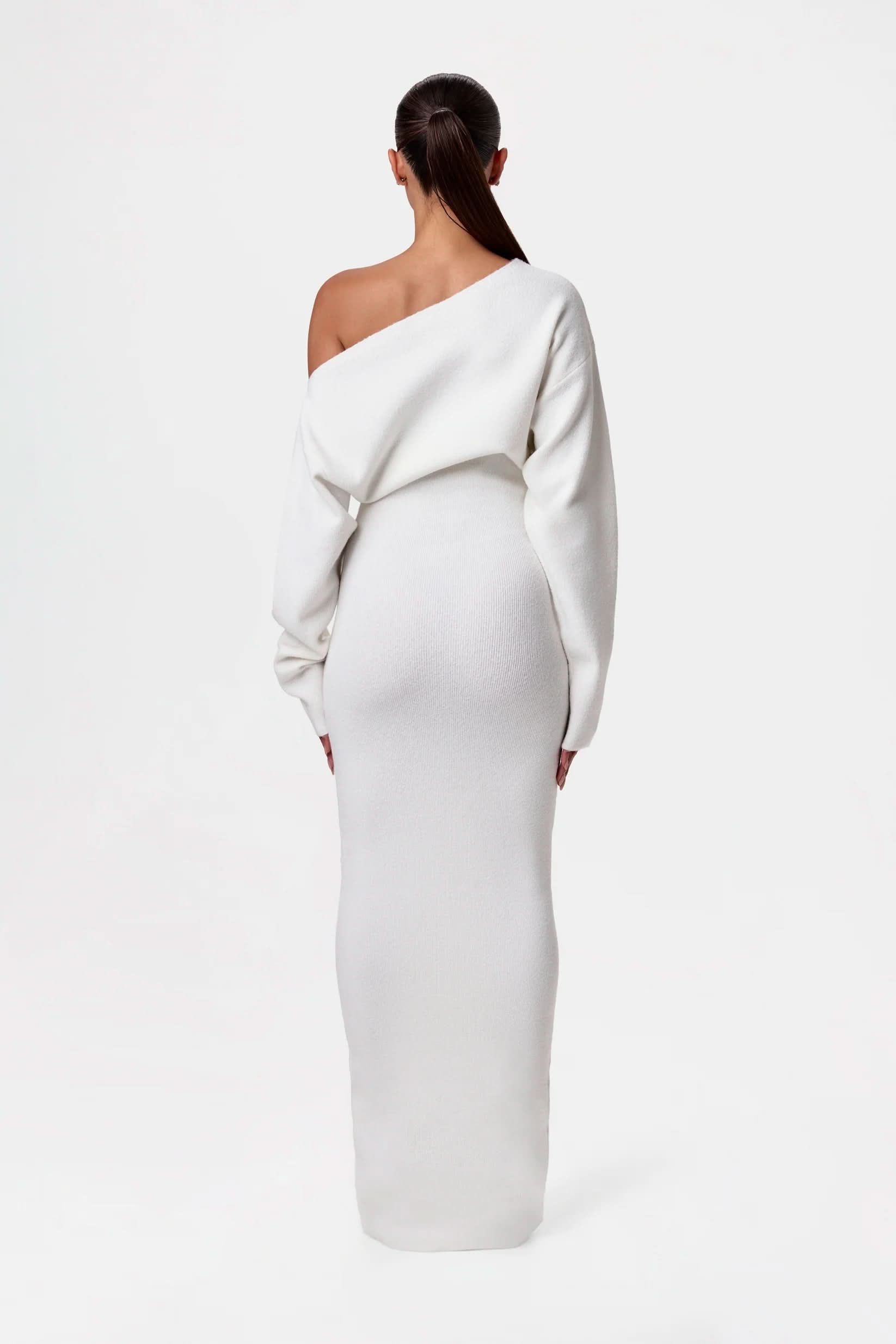 Off Shoulder Ribbed Knit Balloon Sleeve Bodycon Maxi Dress