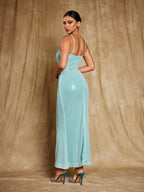 Sequin Spaghetti Strap Keyhole Cutout 3D Floral Shoulder Maxi Dress