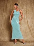 Sequin Spaghetti Strap Keyhole Cutout 3D Floral Shoulder Maxi Dress