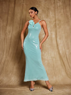 Sequin Spaghetti Strap Keyhole Cutout 3D Floral Shoulder Maxi Dress