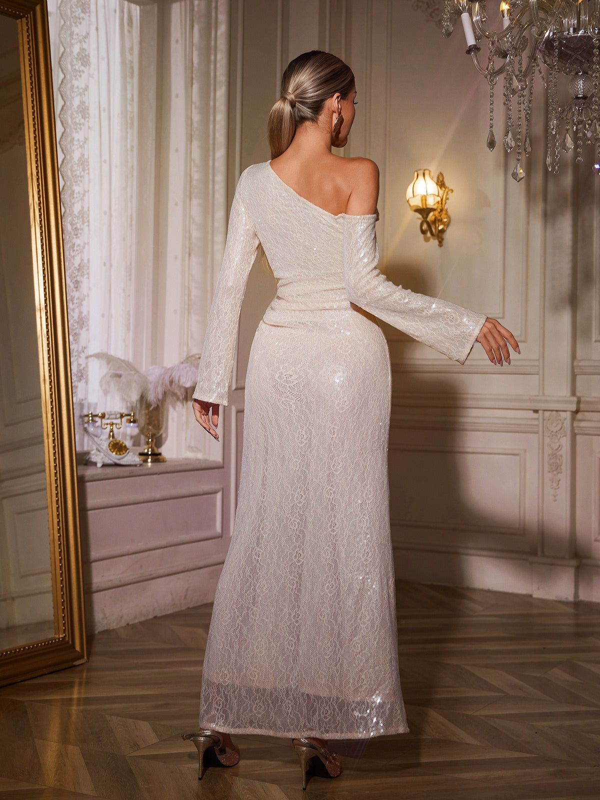 Sequin Lace One Shoulder Long Sleeve 3D Rosette Embellished Maxi Gown