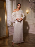 Sequin Lace One Shoulder Long Sleeve 3D Rosette Embellished Maxi Gown