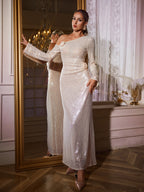 Sequin Lace One Shoulder Long Sleeve 3D Rosette Embellished Maxi Gown