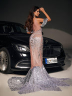 Rhinestone Illusion Mesh Mermaid Sequin Fringe Train Maxi Dress