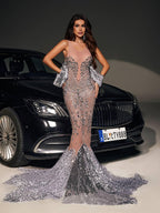 Rhinestone Illusion Mesh Mermaid Sequin Fringe Train Maxi Dress