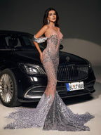 Rhinestone Illusion Mesh Mermaid Sequin Fringe Train Maxi Dress