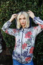 Blue Zone Planet | Navy Rust Flower Print Zip-up Contrast Striped Hood Sweater