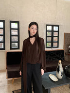 Neck Tie Sheer Mesh Blouse