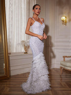 Pearl Beaded Spaghetti Strap Feather Trim Mermaid Maxi Gown