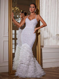 Pearl Beaded Spaghetti Strap Feather Trim Mermaid Maxi Gown