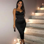 Cowl Neck Spaghetti Strap Ruched Satin Midi Dress
