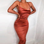 Cowl Neck Spaghetti Strap Ruched Satin Midi Dress