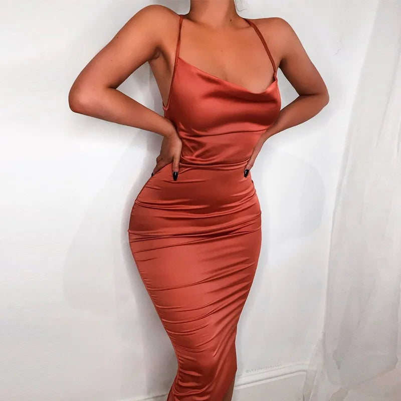 Cowl Neck Spaghetti Strap Ruched Satin Midi Dress