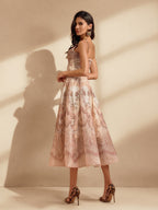 Baroque Print Sweetheart Bow Strap Belted Fit and Flare Midi Dress