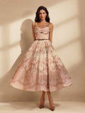 Baroque Print Sweetheart Bow Strap Belted Fit and Flare Midi Dress