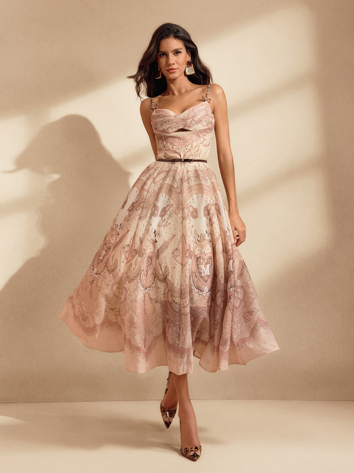 Baroque Print Sweetheart Bow Strap Belted Fit and Flare Midi Dress