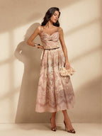 Baroque Print Sweetheart Bow Strap Belted Fit and Flare Midi Dress