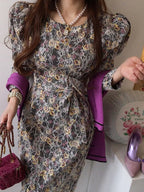 Crew Neck Puff Sleeve Floral Lace Tie Waist Midi Dress