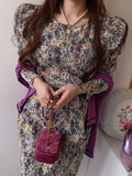 Crew Neck Puff Sleeve Floral Lace Tie Waist Midi Dress