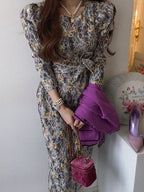 Crew Neck Puff Sleeve Floral Lace Tie Waist Midi Dress