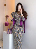 Crew Neck Puff Sleeve Floral Lace Tie Waist Midi Dress