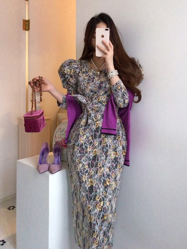 Crew Neck Puff Sleeve Floral Lace Tie Waist Midi Dress
