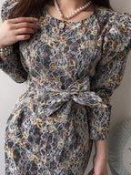 Crew Neck Puff Sleeve Floral Lace Tie Waist Midi Dress