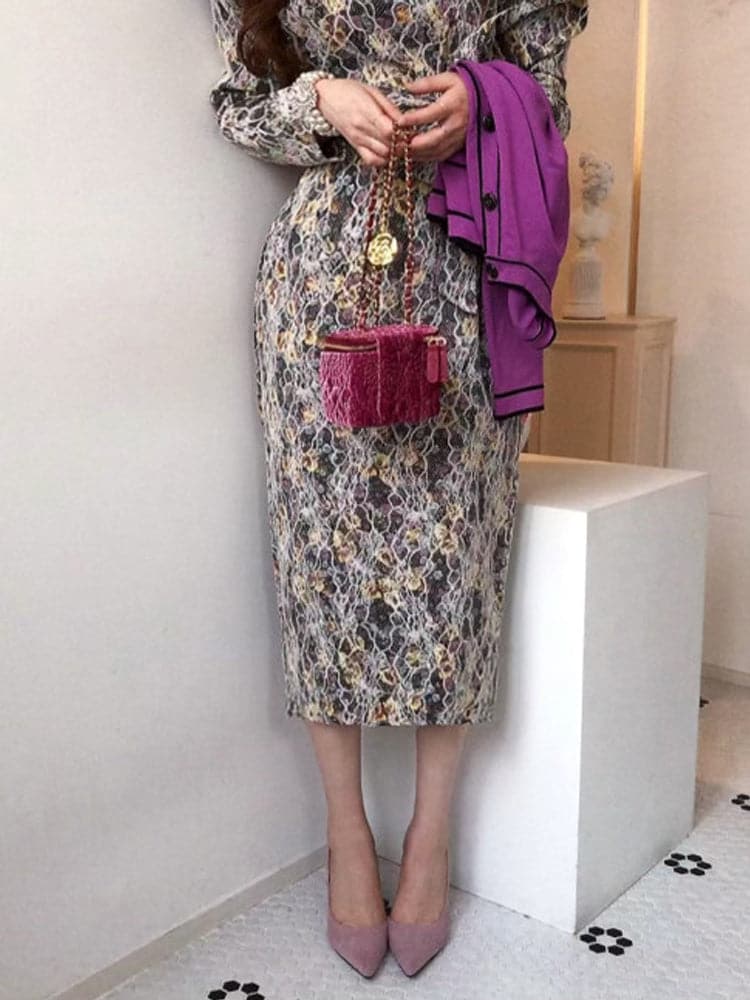 Crew Neck Puff Sleeve Floral Lace Tie Waist Midi Dress