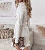 Wrap Front Tie Waist Ruffle Hem Long Sleeve Mini Dress