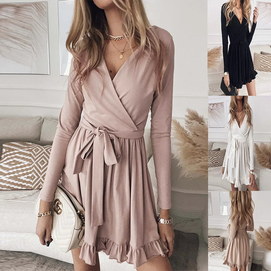 Wrap Front V-Neck Long Sleeve Tie Waist Ruffle Hem Mini Dress
