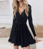 Wrap Front Tie Waist Ruffle Hem Long Sleeve Mini Dress