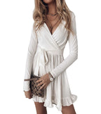 Wrap Front V-Neck Long Sleeve Tie Waist Ruffle Hem Mini Dress